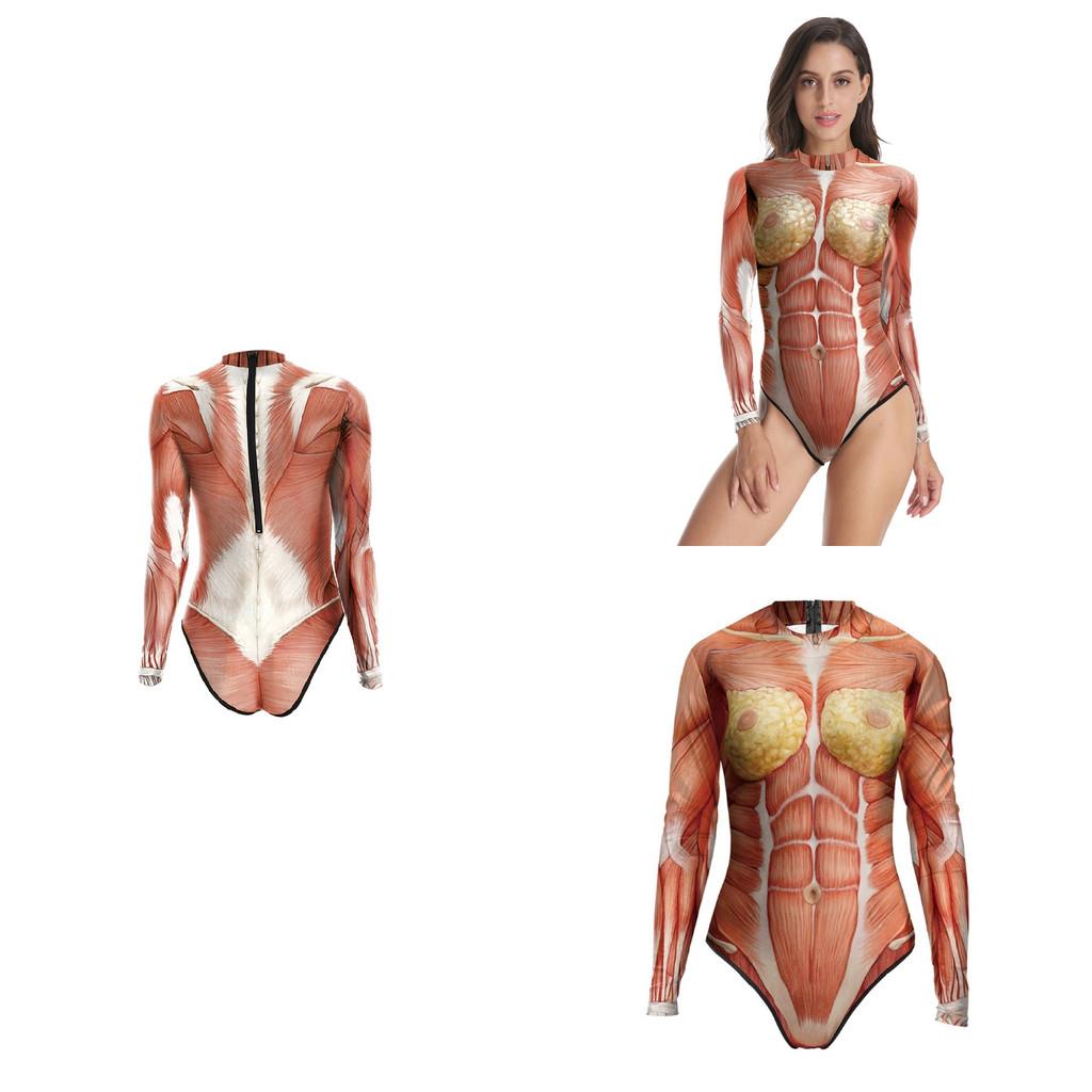 Body Tissue Print Swimwear Beach Pool One Piece Tight Long Sleeve Bikini Women