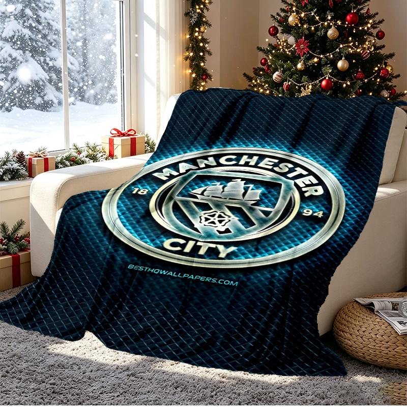 Manchester City FC Pattern Blanket for Home Decoration, Bed, Sofa, Car Travel, Camping, Suitable for All Seasons, Birthday Christmas Gift