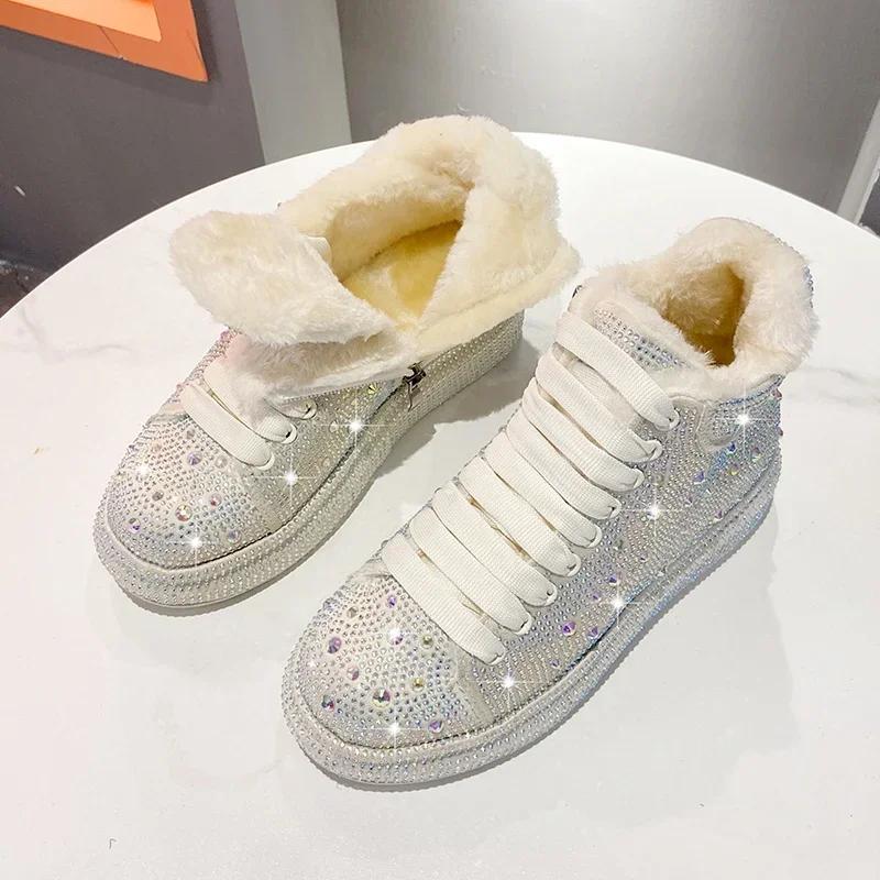 Fashion Sneakers Women Trend Autumn and Winter Platform Lace Up Rhinestone Women Casual Shoes Fashion Shiny Ladies Women's Boots