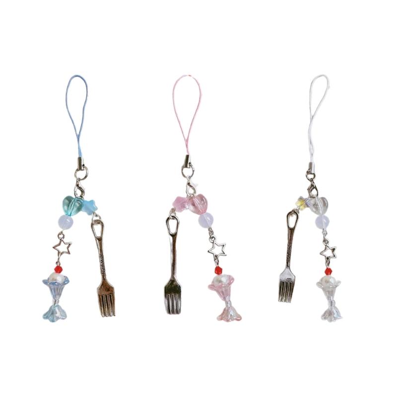 Cute Beaded Fork Phone Chain Ornament Heart Beaded Cellphone Pendant Phone Lanyard Bag Charm for Fashionable Individuals