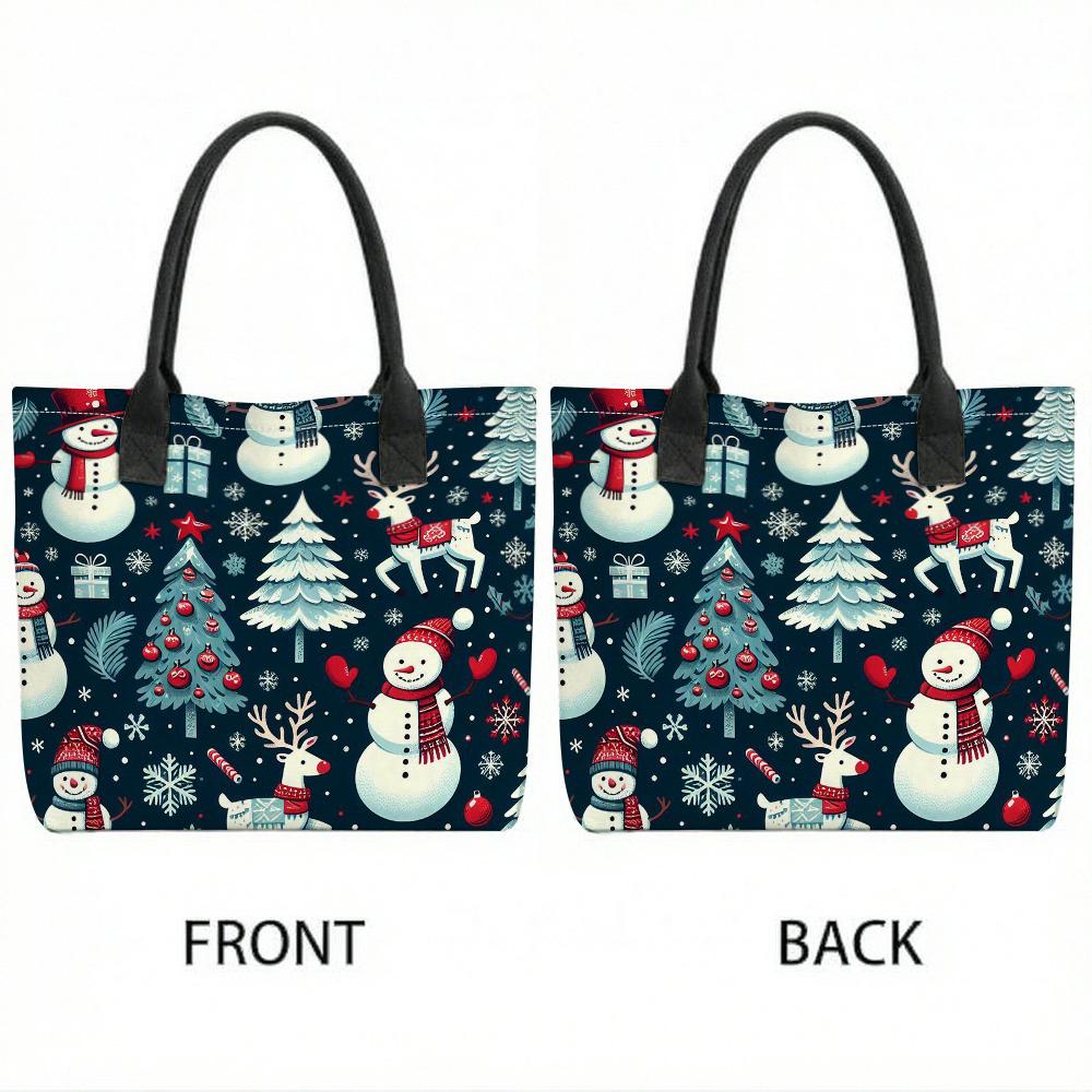  Christmas Snowman Print Casual Tote Bag Fashion Large Capacity Shoulder Handbag for Daily Use