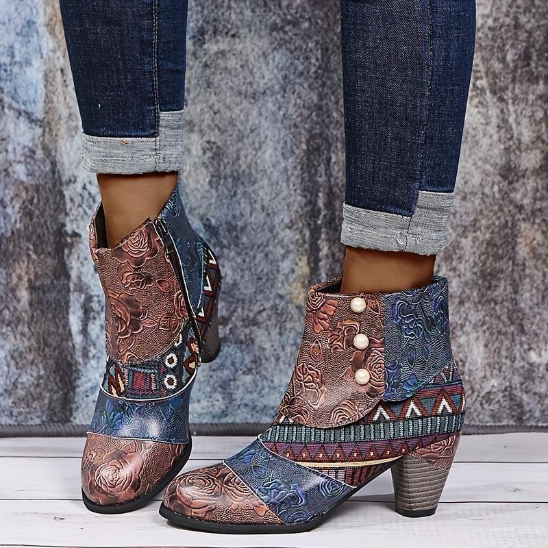 Women'S Floral Print Chunky Heel Ankle Boots - Vibrant Ethnic Design, Round Toe Zipper Closure, Synthetic Cover & Rubber Sole, All-Season Casual Shoes