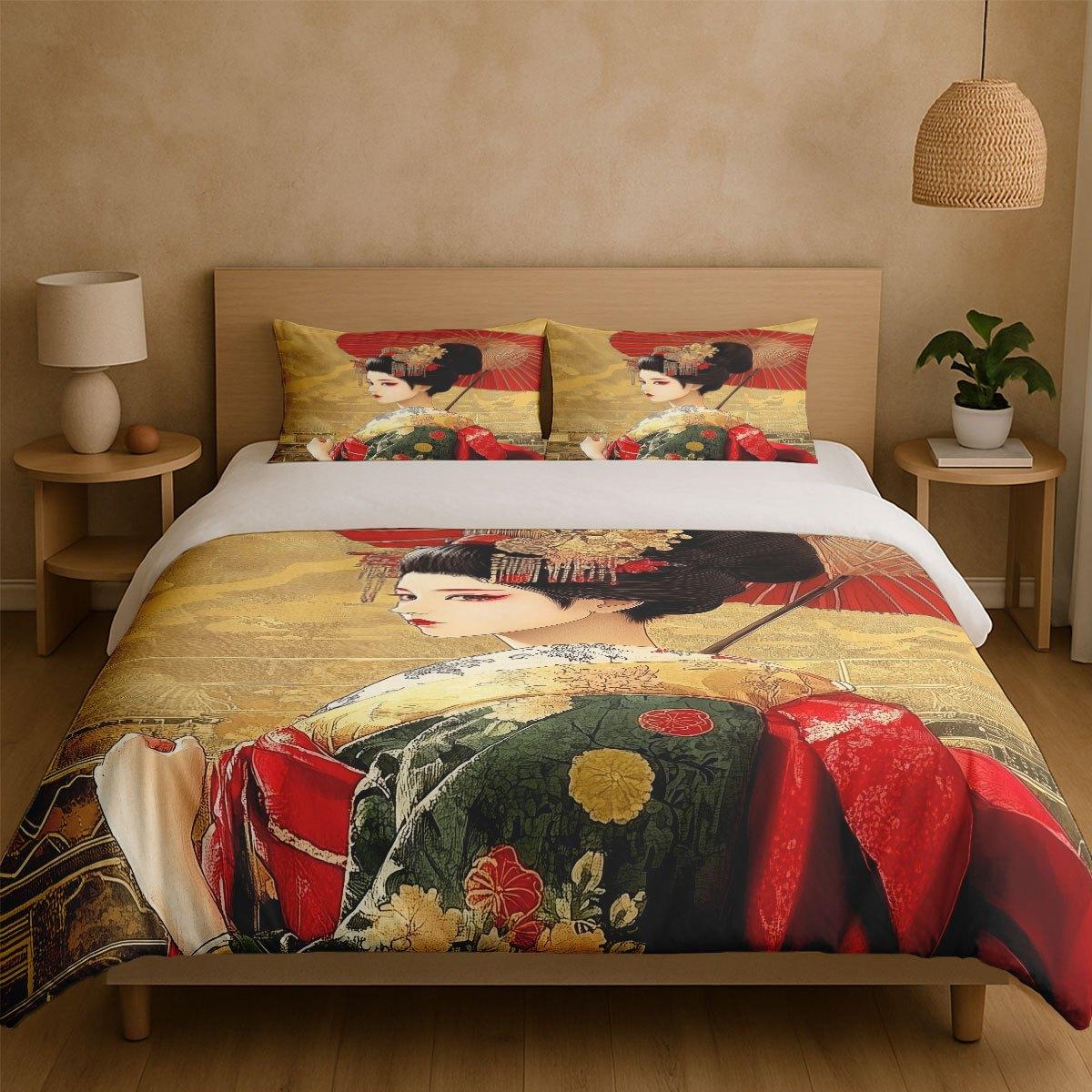 

3pcs Japanese Geisha Duvet Cover Set 3pcs Golden Red Anime Bedding with Pillowcases Queen Size Soft Washable US Twin(172x218cm)