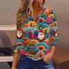Women's Fashionable Casual Christmas Printed V-neck Three-quarter Sleeve Decorated Button Top