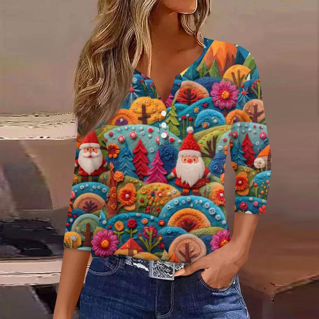 Women's Fashionable Casual Christmas Printed V-neck Three-quarter Sleeve Decorated Button Top