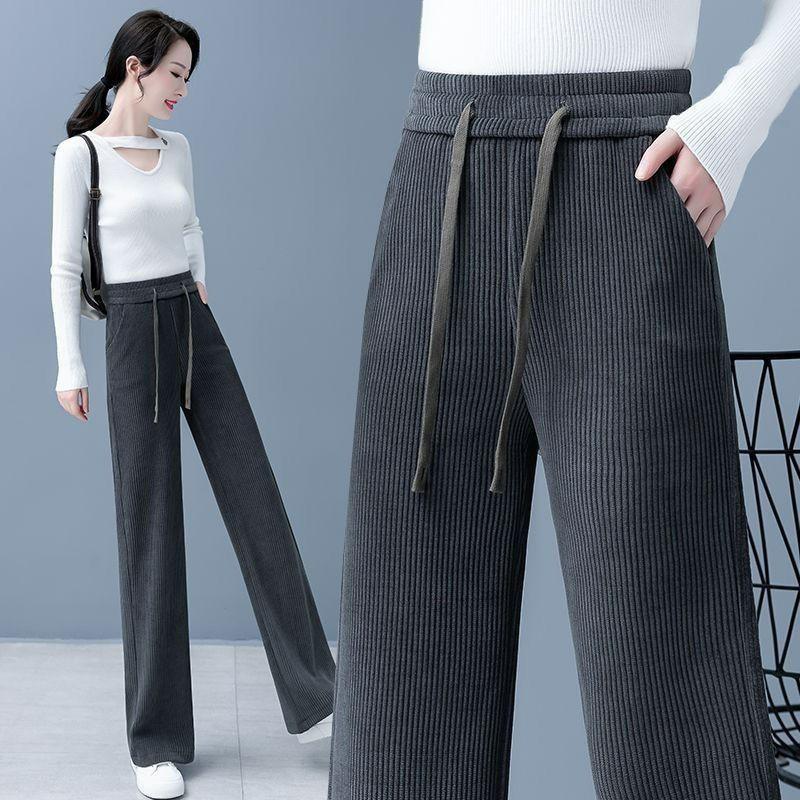 Women's Spring High Waist Corduroy Wide Leg Pants Drawstring Loose Full Length Straight Trousers Slimming Drape Casual Pants