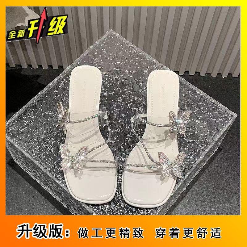 Transparent temperament cool slippers women's 2025 summer new beautiful with skirt high heel bow rhinestone fairy sandals
