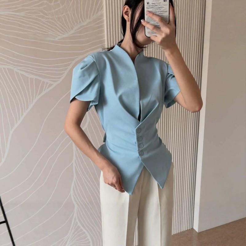 2026 Blazer Corto Asimmetrico da Donna con Scollo a V Manica Corta Vestibilità Aderente Chic da Ufficio Giacca Leggera da Tailleur