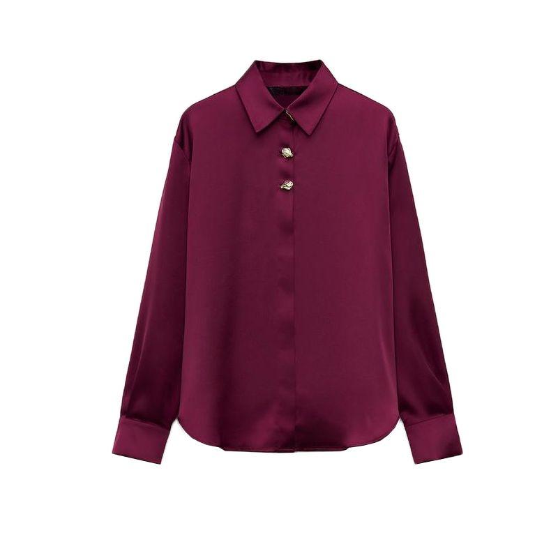 

Spring New Women s Clothing Gold Decorated Row Button Silk Satin Textured Shirt 2138896 2138748 9699255 Burgundy wine red L