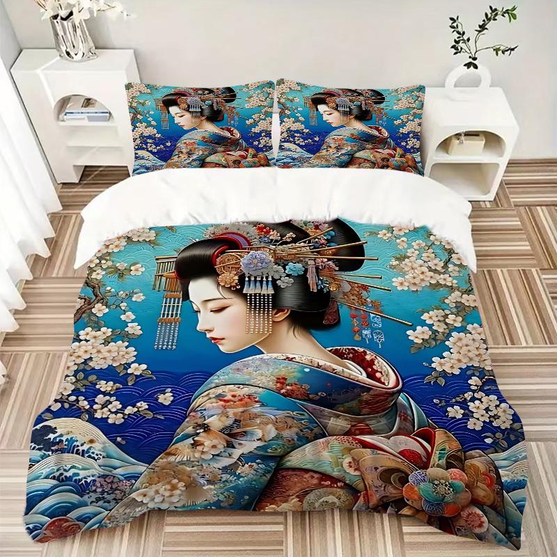 3pcs Anime Kimono Geisha Comforter Set with One Quilt Cover and Two Pillowcases (No Core) - Home Decor, Festival Gift, Polyester Fabric, Anime Cartoon