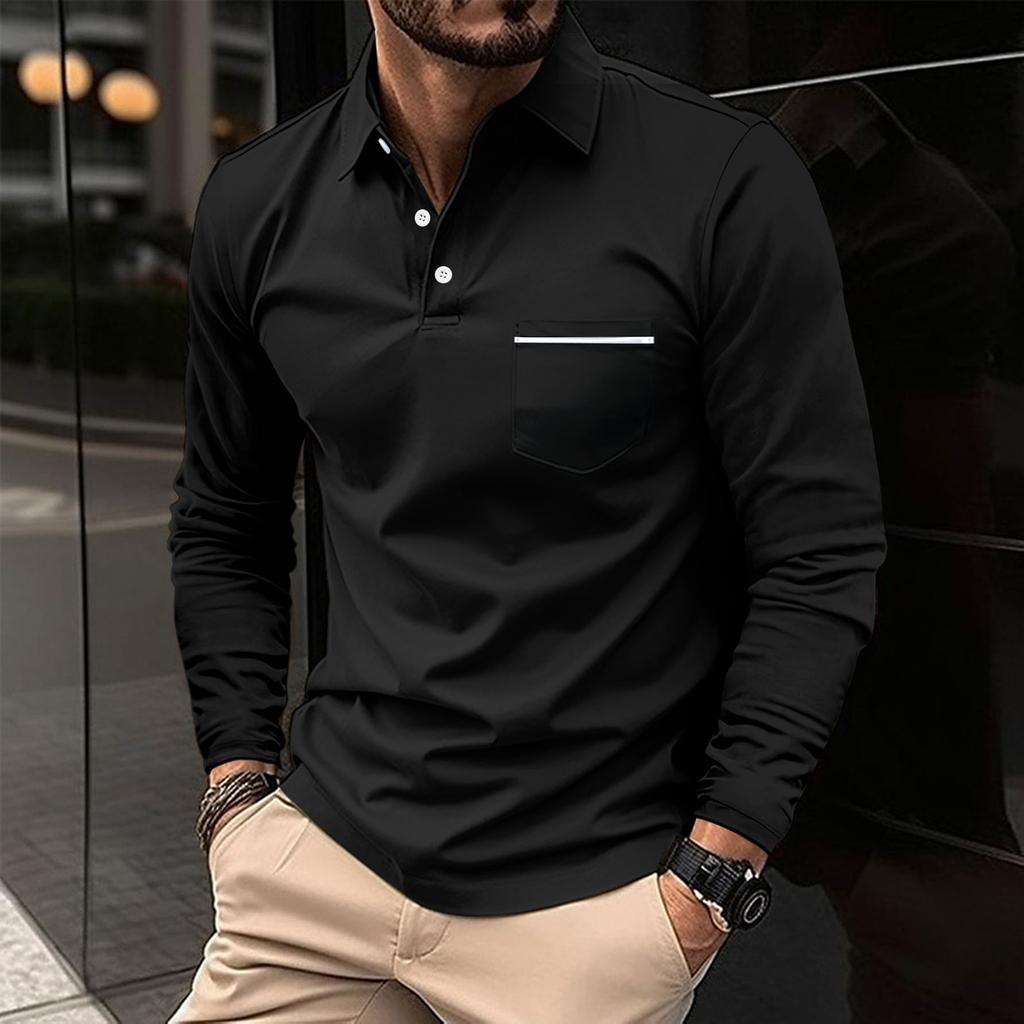 Vår Høst Mann Langermet POLO skjorte Lapel Lomme Sports Polo skjorter for menn