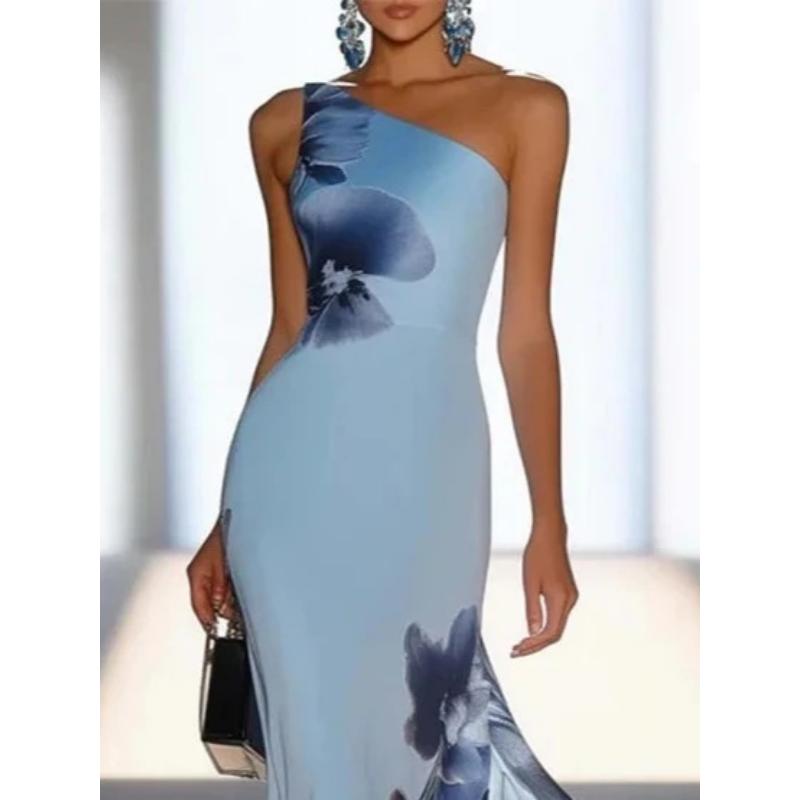 Women One Shoulder Floral Print Mermaid Maxi Dress Blue Elegant Bodycon Floor Length Evening Gown Formal Wedding Cocktail Party Dress