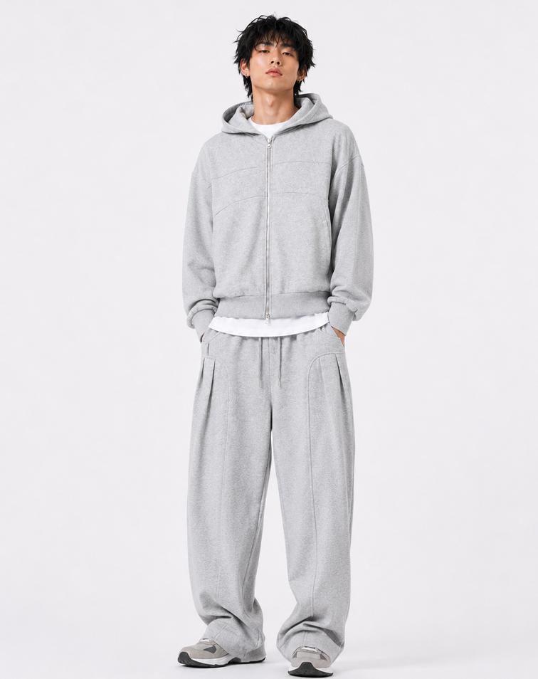 Mugon Curved Line Hooded Sweat Zip-Up _ Gray