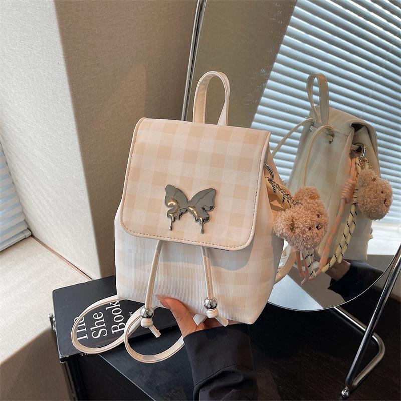 Plaid backpack female fashion niche student class schoolbag bucket bag high value travel small backpack