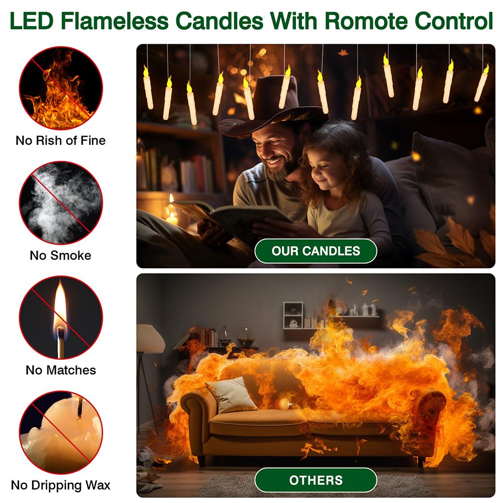 12/24Pack Christmas Floating Candles With Magic Wand Remote LED Flameless Hanging Taper Candle Flickering for Home Holiday Decor