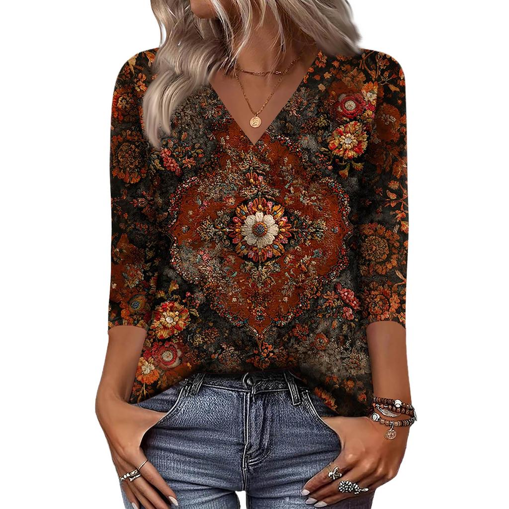 Women's 3/4 Sleeve Shirts V Neck Print Tops Casual Tops Basic Tees Blouse Loose Tops