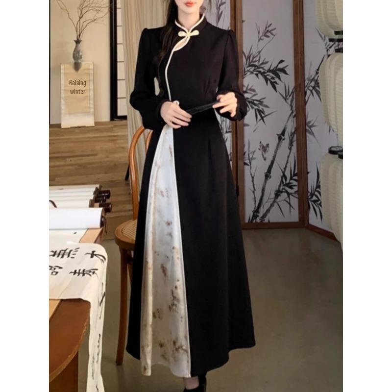 New Year Cheongsam with Frog Buttons: Women's Plus Size Long Dress with Patchwork and Dark Patterns