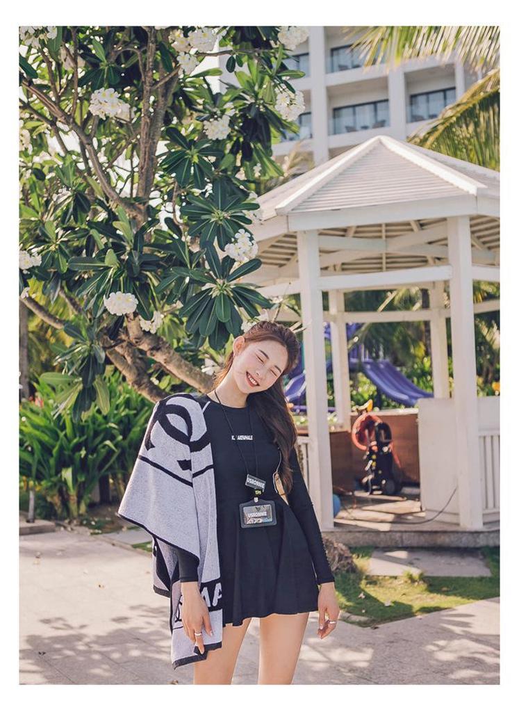 Korean Style Long Sleeve Skirted One-Piece Bikini Swimsuit with Sun Protection - Women's Conservative Slimming Swimwear