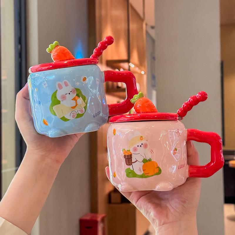Cute and high-value radish rabbit ceramic cup with lid spoon girl couple mug for girlfriend birthday gift