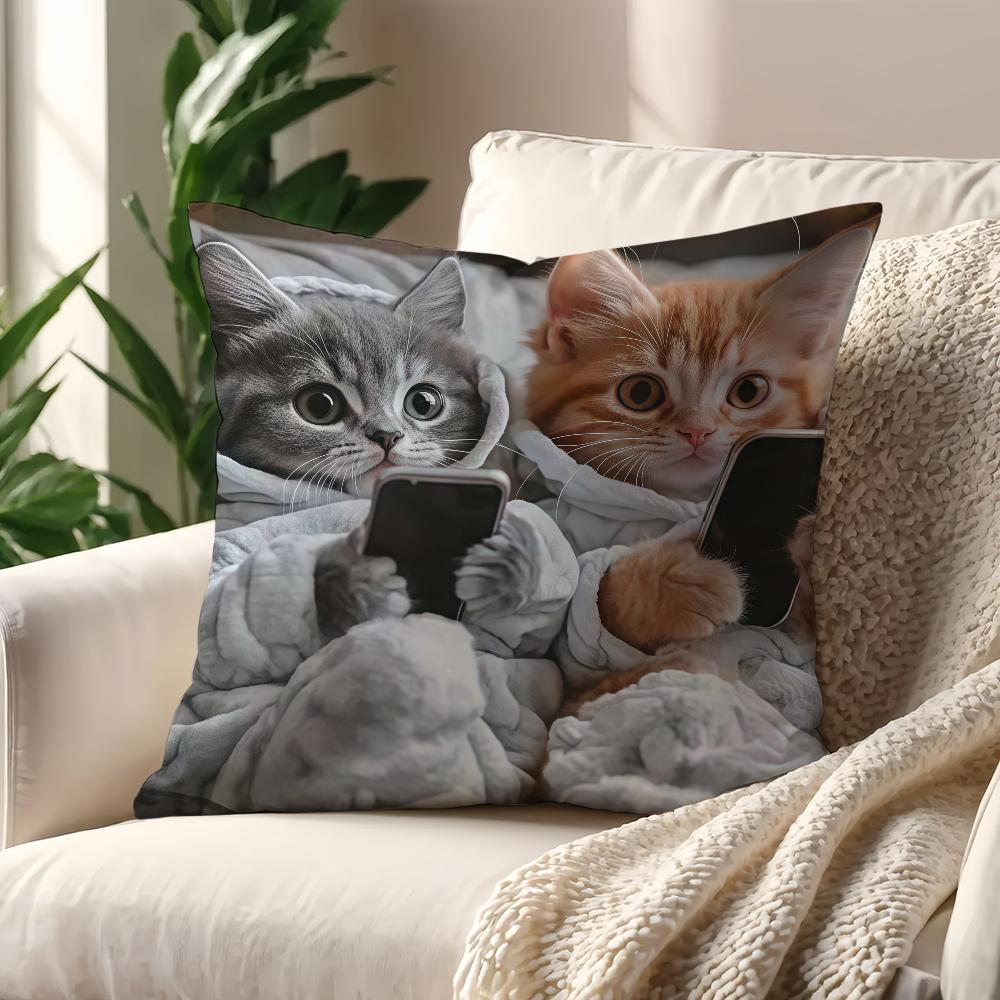 Cute cat holding phone cushion cover For Pillow Sofa Printing Decoration Room Home Office Coffee Shop Car Nordic Simplicity