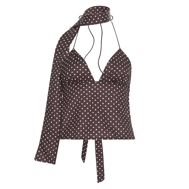 Women’s Brown Polka Dot Halter Crop Top – Backless Tie‑Back Contrast Color Summer Tank S коричневый