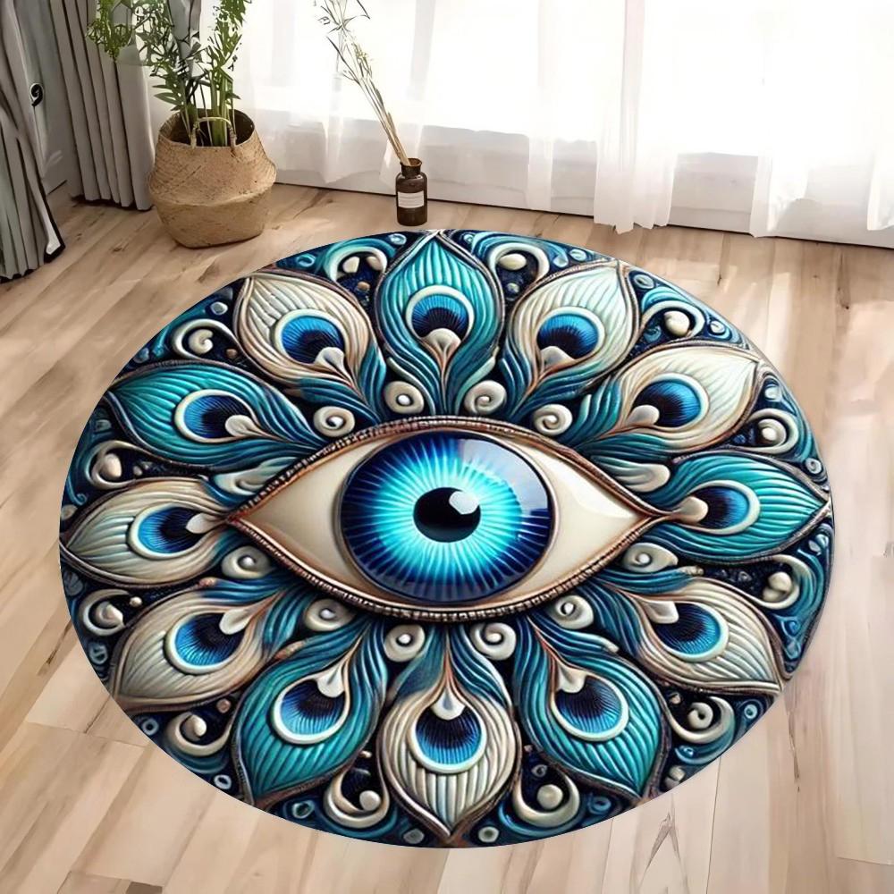 Mystic Blue Evil Eye Mandala Round Area Rug, Soft Non-Slip Indoor Outdoor Floor Mat for Living Room and Bedroom Decor