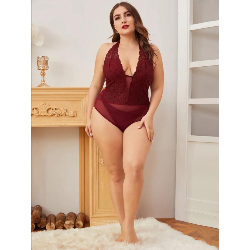 Large Size New Hot Sexy Lingerie Women Lace Sheer Bra Set Erotic Costumes  Dress Deep V Bodysuit Underwear