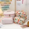 Large Capacity Quilted Floral Makeup Bag - Portable Cotton Toiletry Handbag with Cute Flower Design for Students