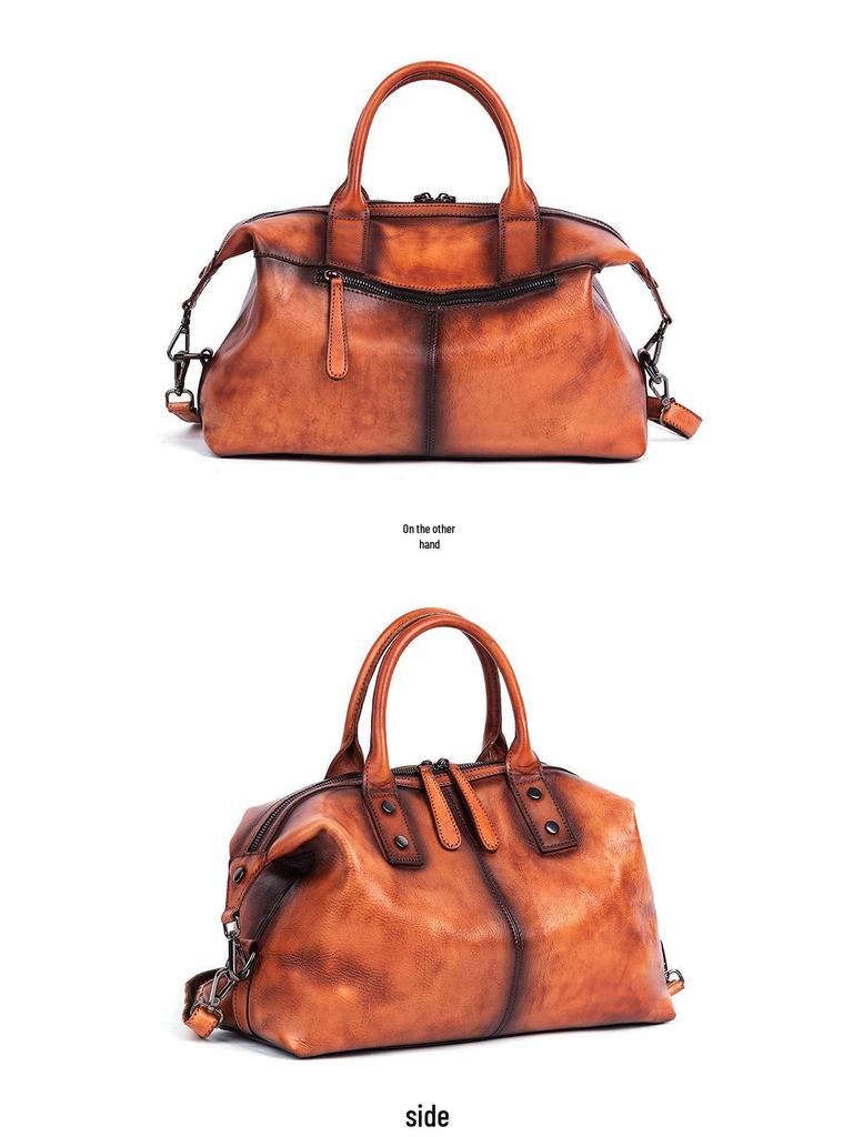 2025 European & American Retro Cowhide Women's Handbag - Top Layer, Color-Rubbed, Single Shoulder & Crossbody, Large Capacity