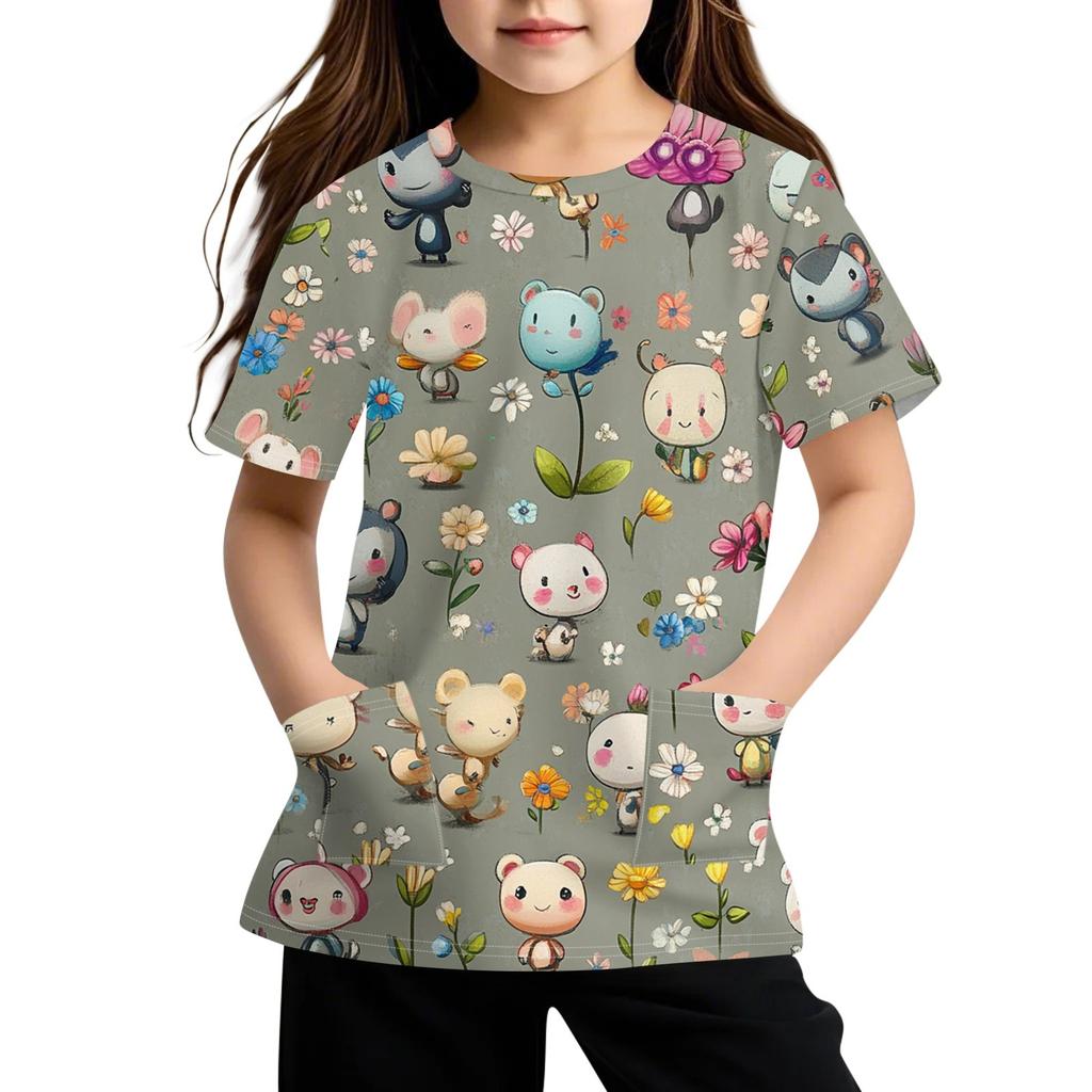Children's Short Sleeve Pocket Tops Casual  Print T Shirt Round Neck Pullover Blouse