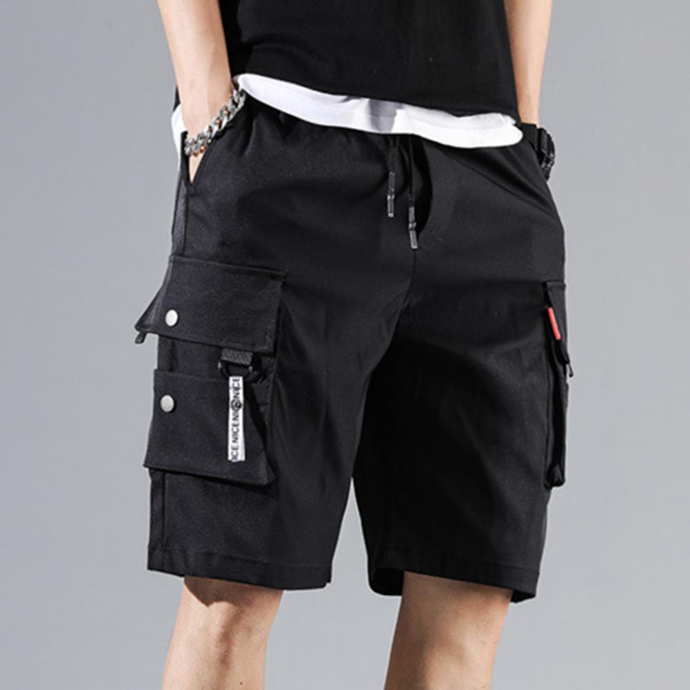 Summer Men Elastic Waistband Drawstring Everyday Shorts Multi Pockets One Tone Straight Wide Leg Mid-rise Sport Cargo Everyday Shorts Streetwea