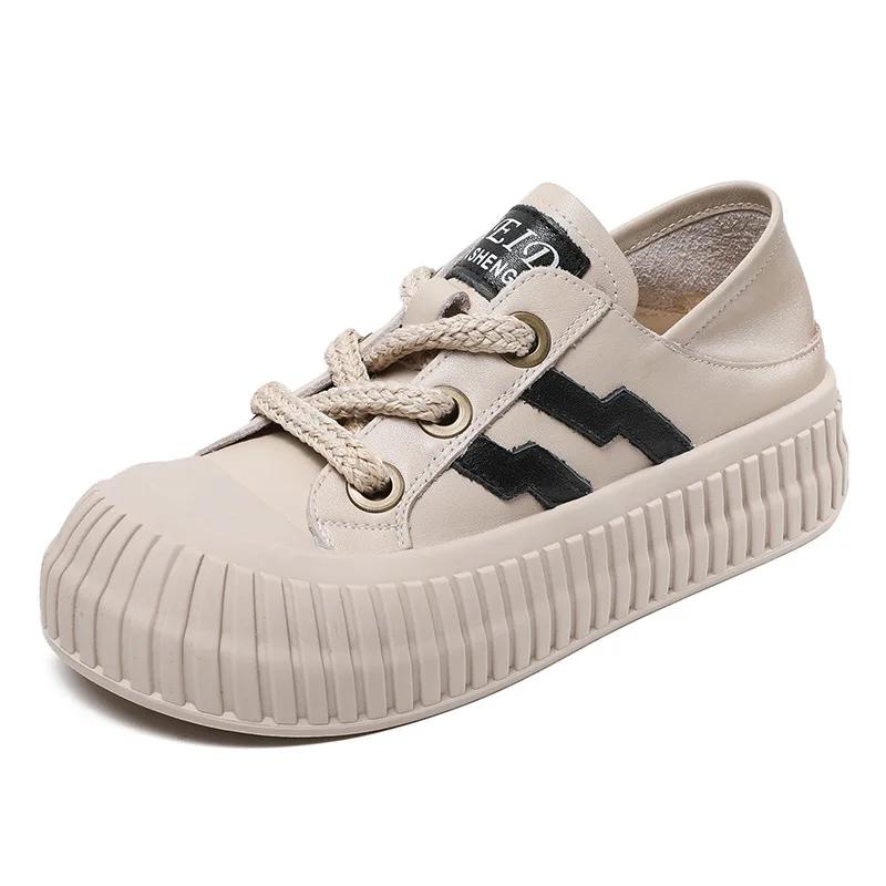 

Fashion 2025 Women Flat Platform Shoes Spring Autumn Lace-Up Genuine Cow Leather Mixed Colors Casual Sneakers 4CM Ladies Board Shoes 40