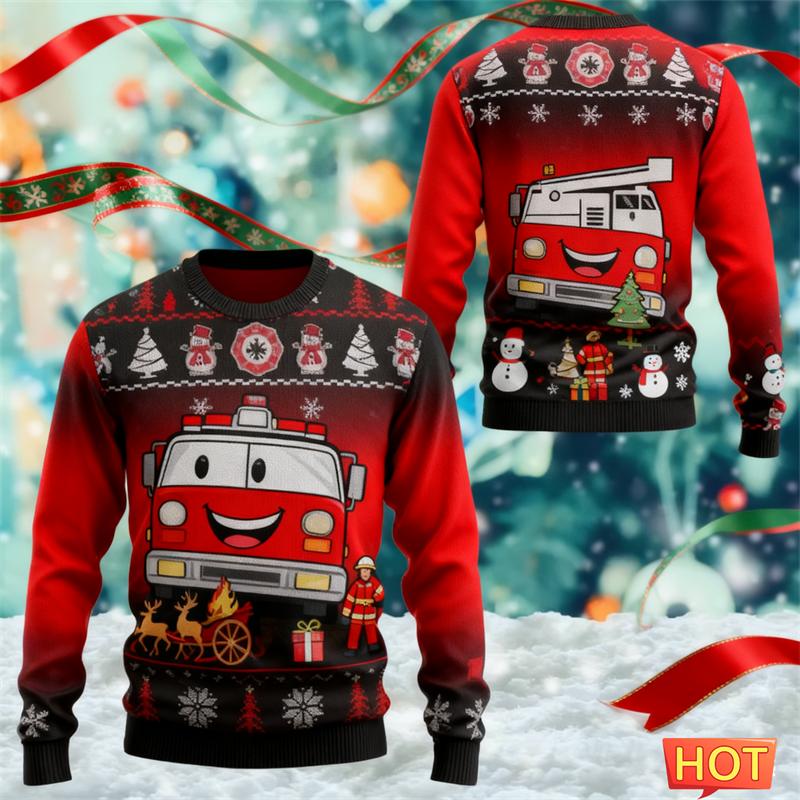 Fashion Fire Truck Graphic Ugly Christmas Sweater For Men Trendy Streetwear O Neck Sweatshirts Loose Streetwear Tops