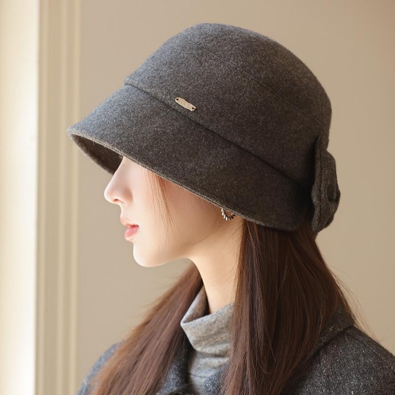 Hat Autumn Women's Retro Bow Fashion Bucket Hat Warm Woolen Basin Hat