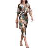 Women's clothing, new spring models in Europe and America, elegant temperament printed V-neck lace-up waist dress