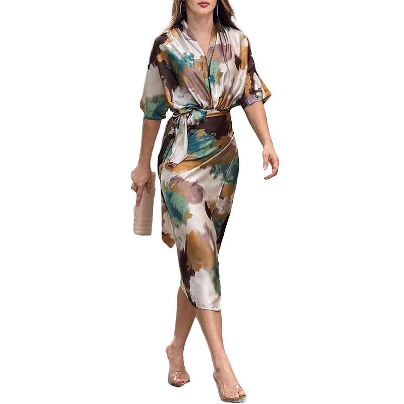 Women's clothing, new spring models in Europe and America, elegant temperament printed V-neck lace-up waist dress
