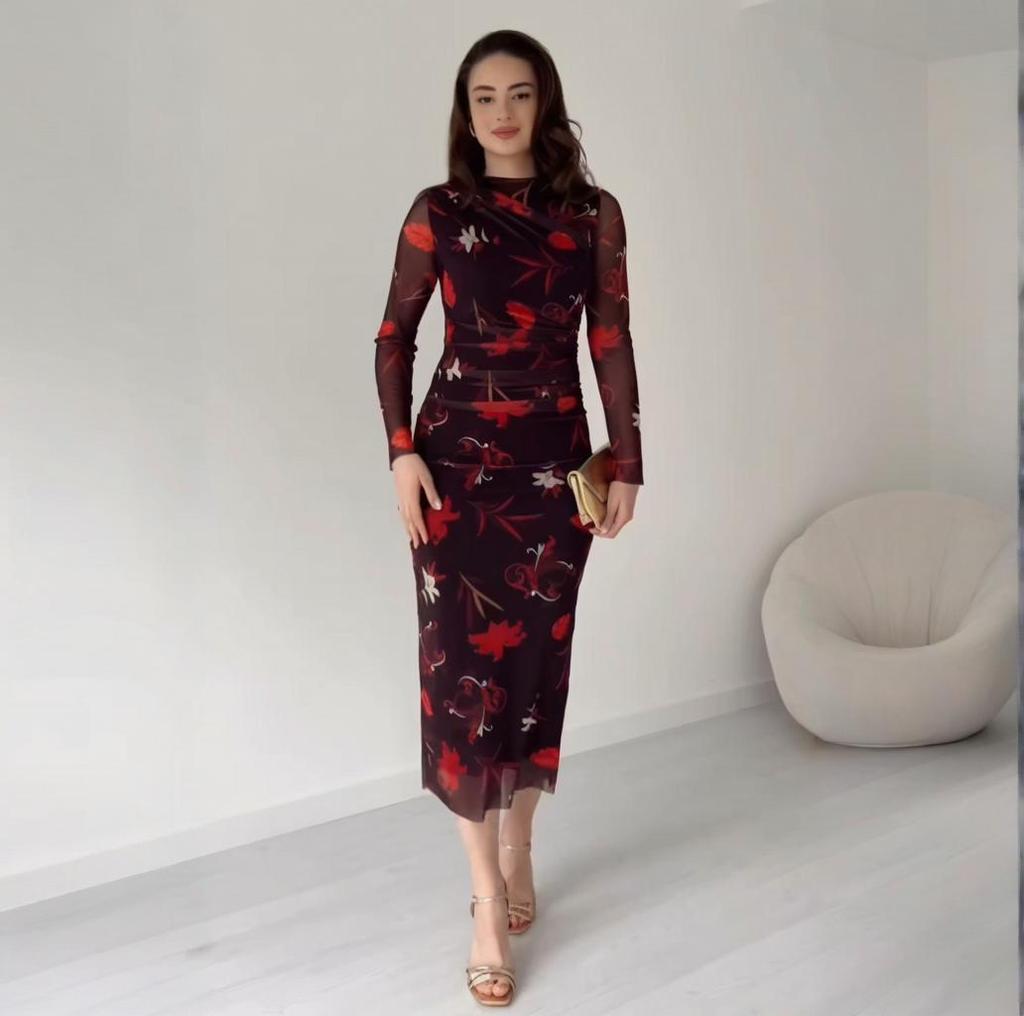 2025 Summer European & American Cross-border Round Neck Long Sleeve Printed Women's Waist-Cinched Mid-length Fashion Dress
