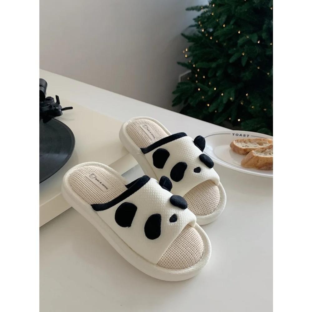 Panda Linen Slippers For Women Man Four Seasons Indoor Anti Slip Soft Sole Cute Stillness Floor Slipper For Couple