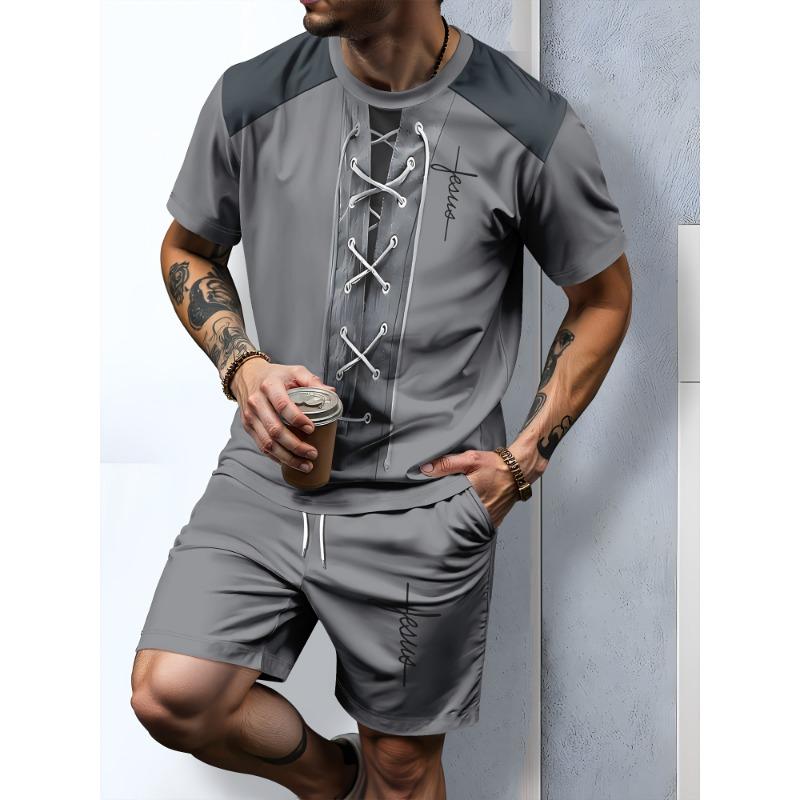 Nuovo Set da Uomo con Ancora Blu Marina T-Shirt Estiva da Esterno & Pantaloncini con Coulisse Set Due Pezzi Abbigliamento Sportivo Casual