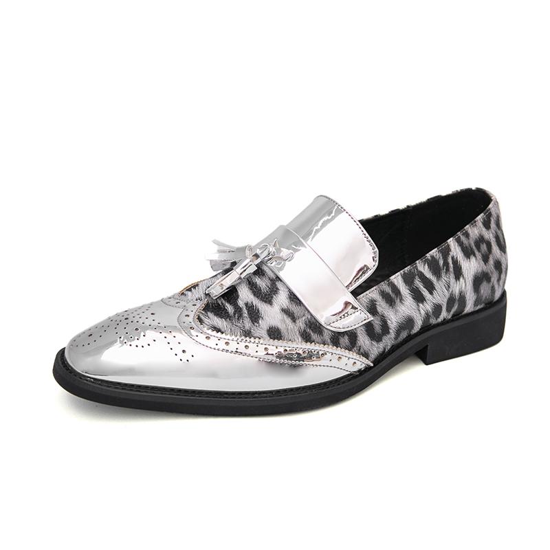 Fashion Metallic Leopard Print Color Glossy Finish Leather Casual Slip on Non-slip Men Fashionable Men's Party Dance Stage Loafer Shoes