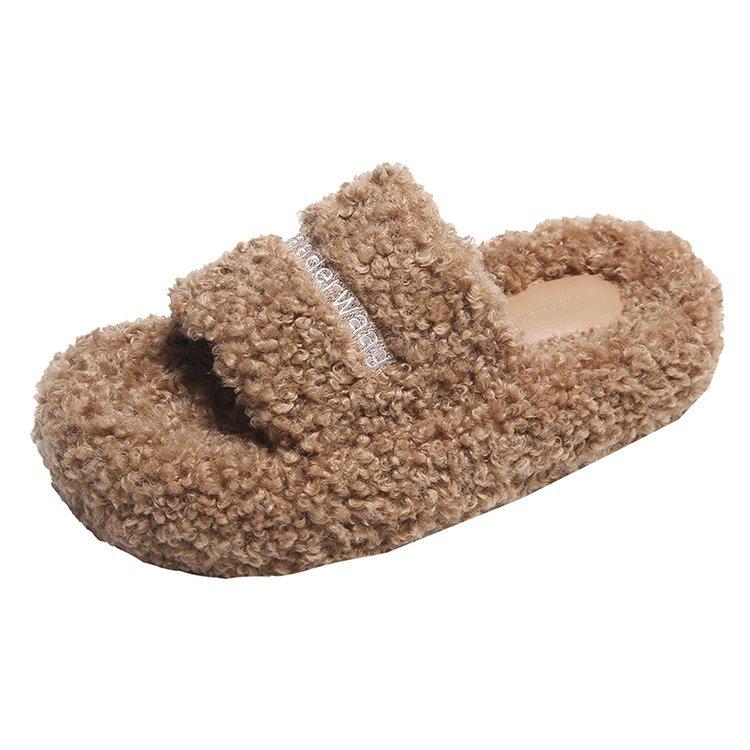 Internet celebrities thick-soled teddy curled wool shoes women's shoes wear new autumn and winter plush one-word cotton slippers