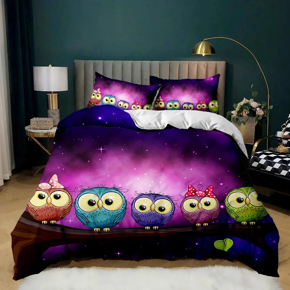 Owl Duvet Cover Set Cute Owl And Stars Decor Comforter Cover Outer Space Bedding Set Kids Cute Animal Polyester Qulit Cover