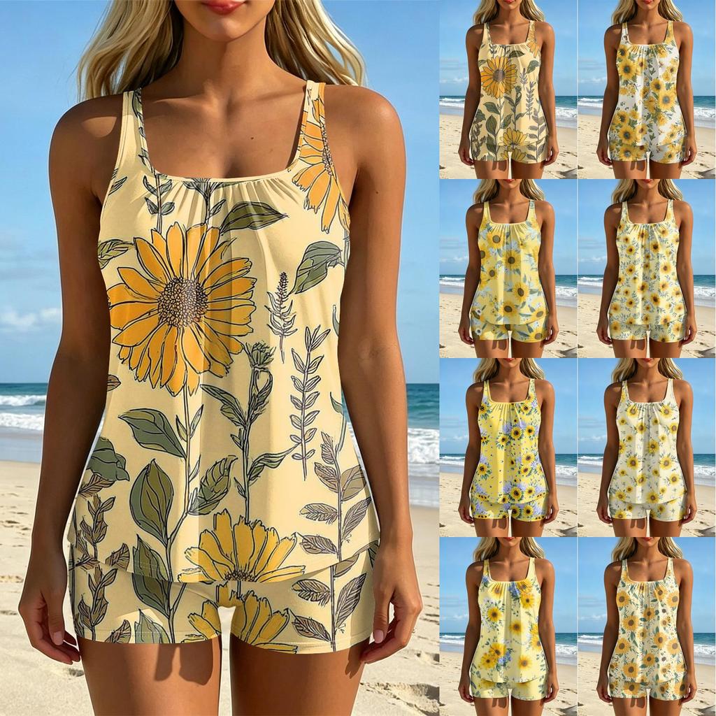 Tankini Swimsuits for Women Tummy Control Two Piece Bathing Suit Floral Tank Top and Swim Shorts Set
