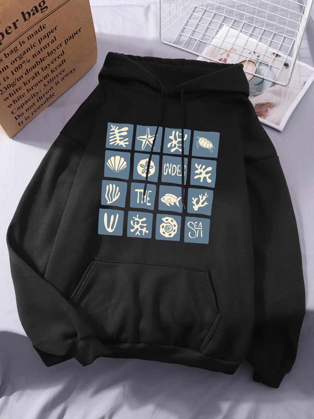 

Under The Sea Printing Hoodie Womens Comfortable Loose Pullovers Basics Sporty Sweatshirts Winter Fleece Warm Woman Sportswear 2XL