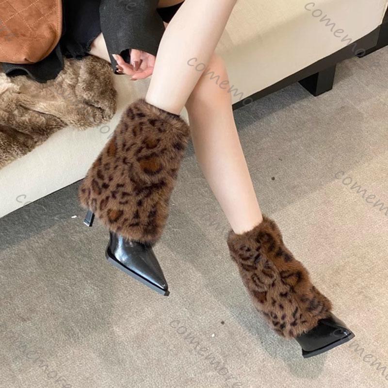 Fashion Comemore Autumn Winter Pointed Sexy Leopard Print Fur Boots for Women Padded Warm Temperament High-heeled Short Bota Feminina