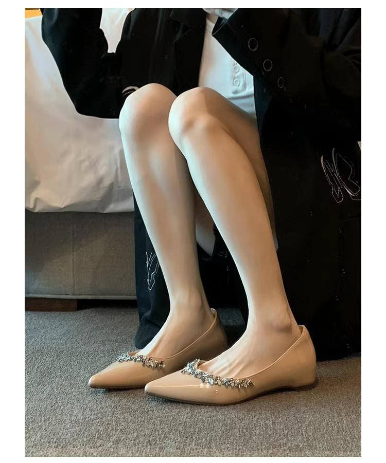 Sheepskin New French Evening Wind Rhinestone Pointed Flat Shoes Women's Shallow Mouth Inner Height Increase Single Shoes Commuter Soft Sole Wo