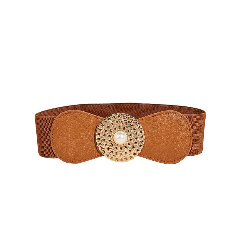 Elegant Women’s Elastic Pearl Waist Belt – Versatile Hollow Round Buckle Design for Dresses & Outerwear верблюд
