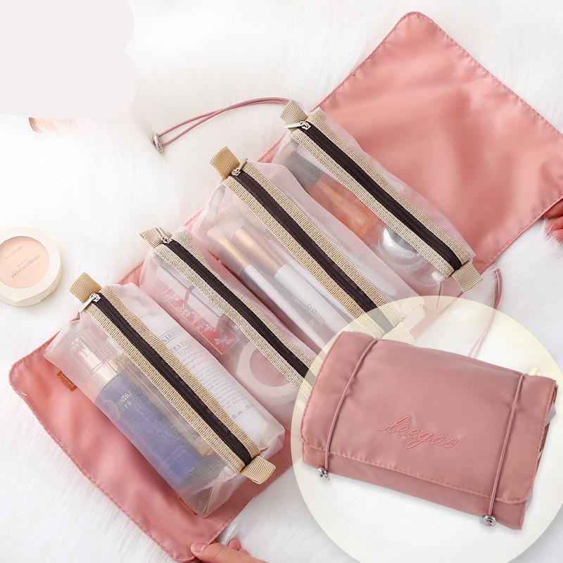 1PC 4 IN 1 Pink Detachable Makeup Bag Multifunction Minimalist Travel Women's Foldable Travel Cosmetic Storage Bag Washing Bag