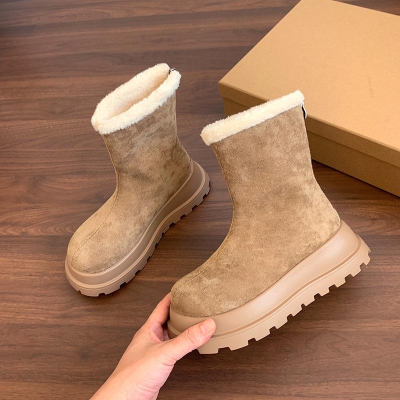 Winter New Women's Matte Leather Retro Fluffy Lapel Wool Snow Boots Two Wear Piled Thickened Thermal Cotton Boots