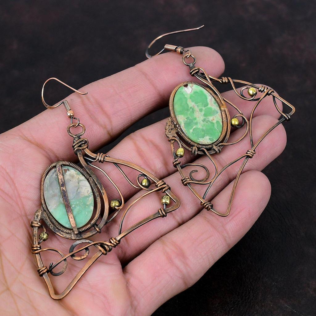 Variscite Earring Copper Wire Wrapped Earrings Elegant Jewelry Handmade Earrings Copper Wire Jewelry Gemstone Earring Gift For Anniversary